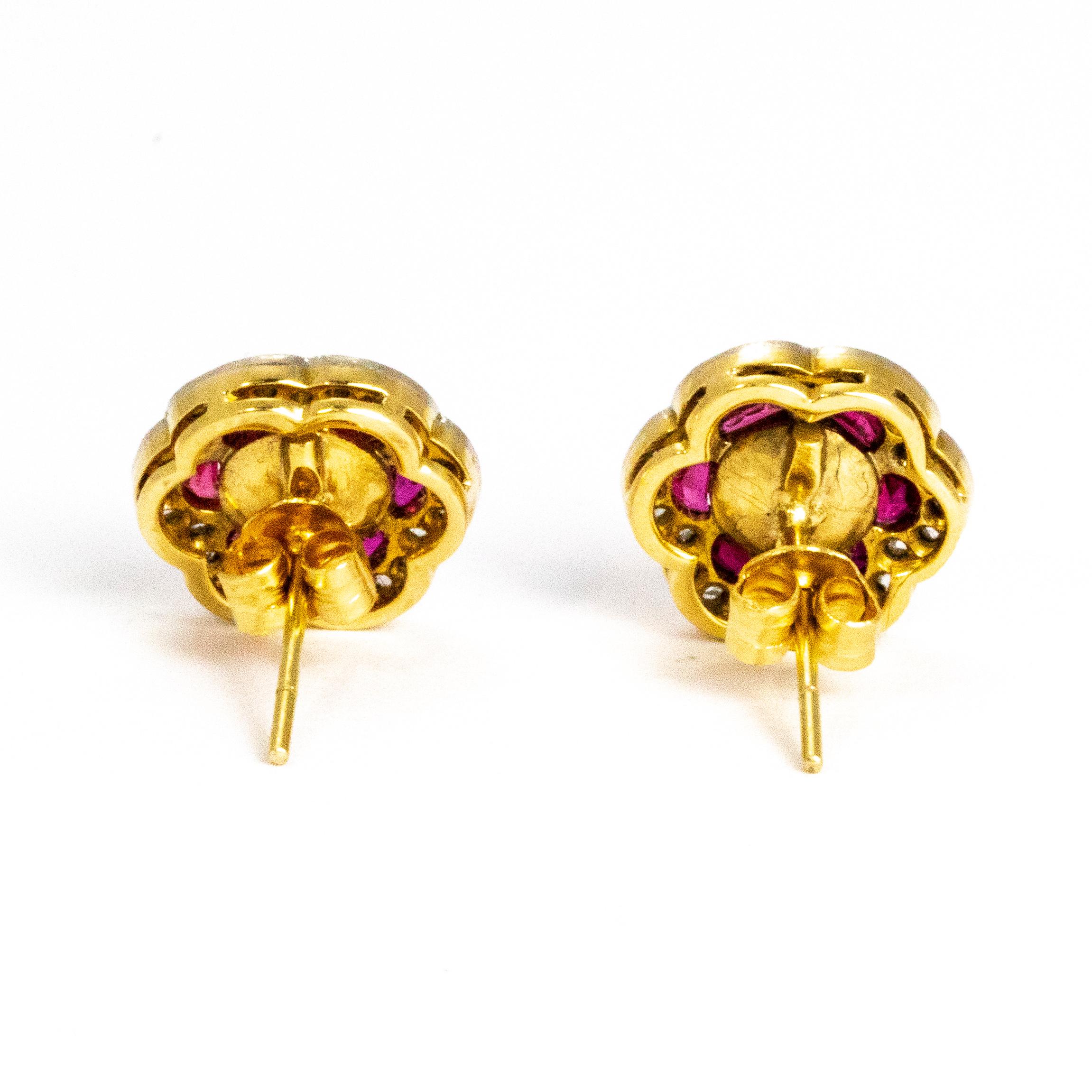 Vintage Ruby, Diamond and Pearl Cluster 18 Carat Gold Stud Earrings In Good Condition In Chipping Campden, GB