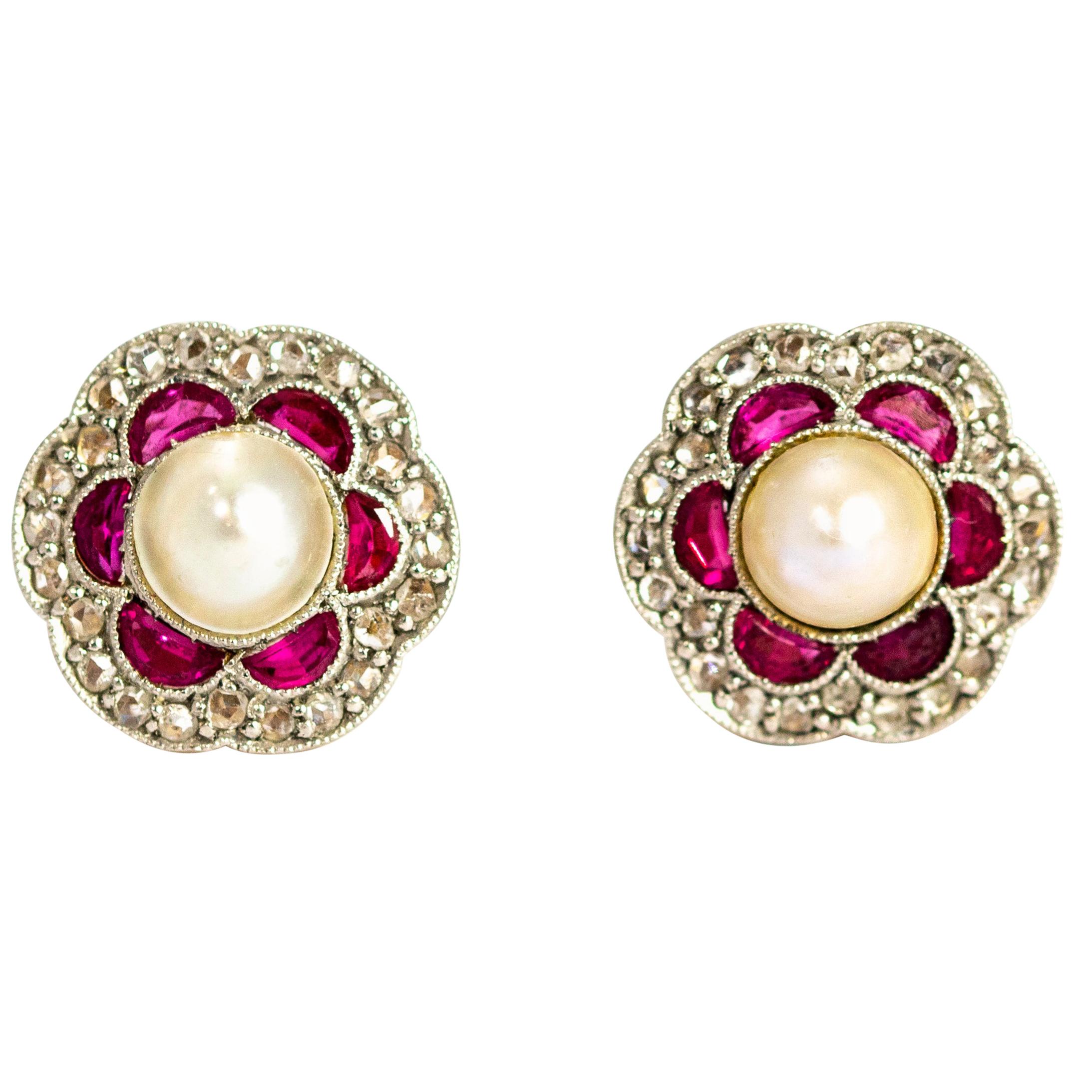 Vintage Ruby, Diamond and Pearl Cluster 18 Carat Gold Stud Earrings