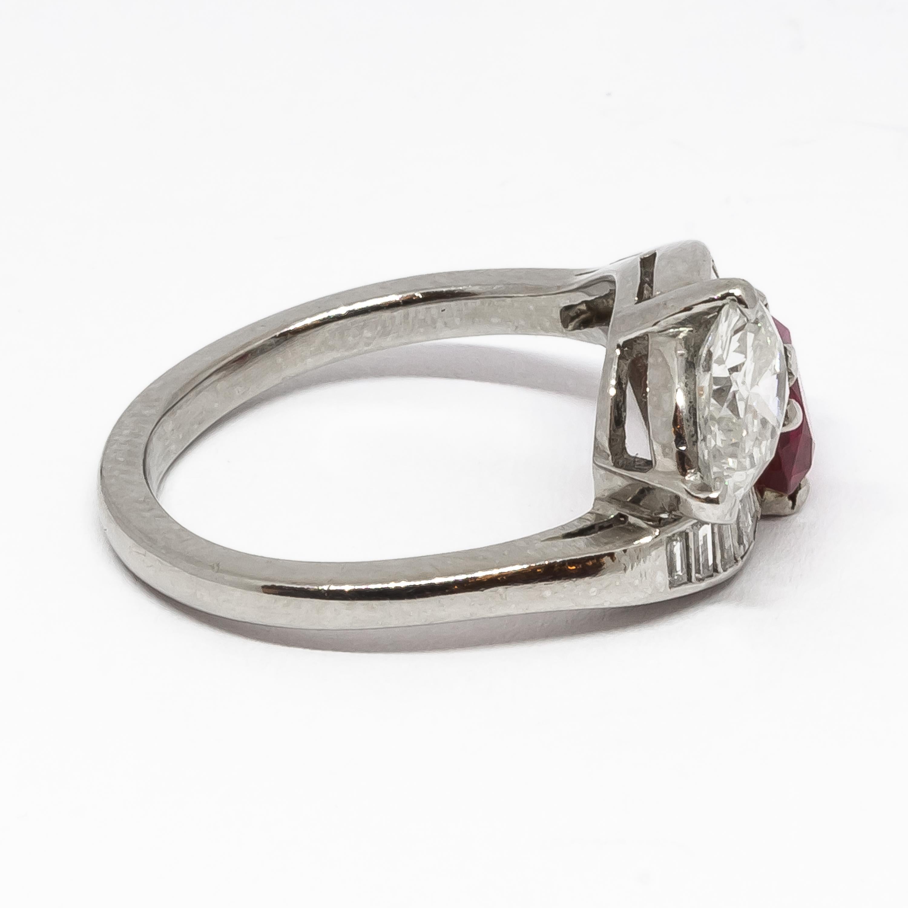Women's Vintage Ruby, Diamond and Platinum Crossover Ring, Circa 1950 For Sale