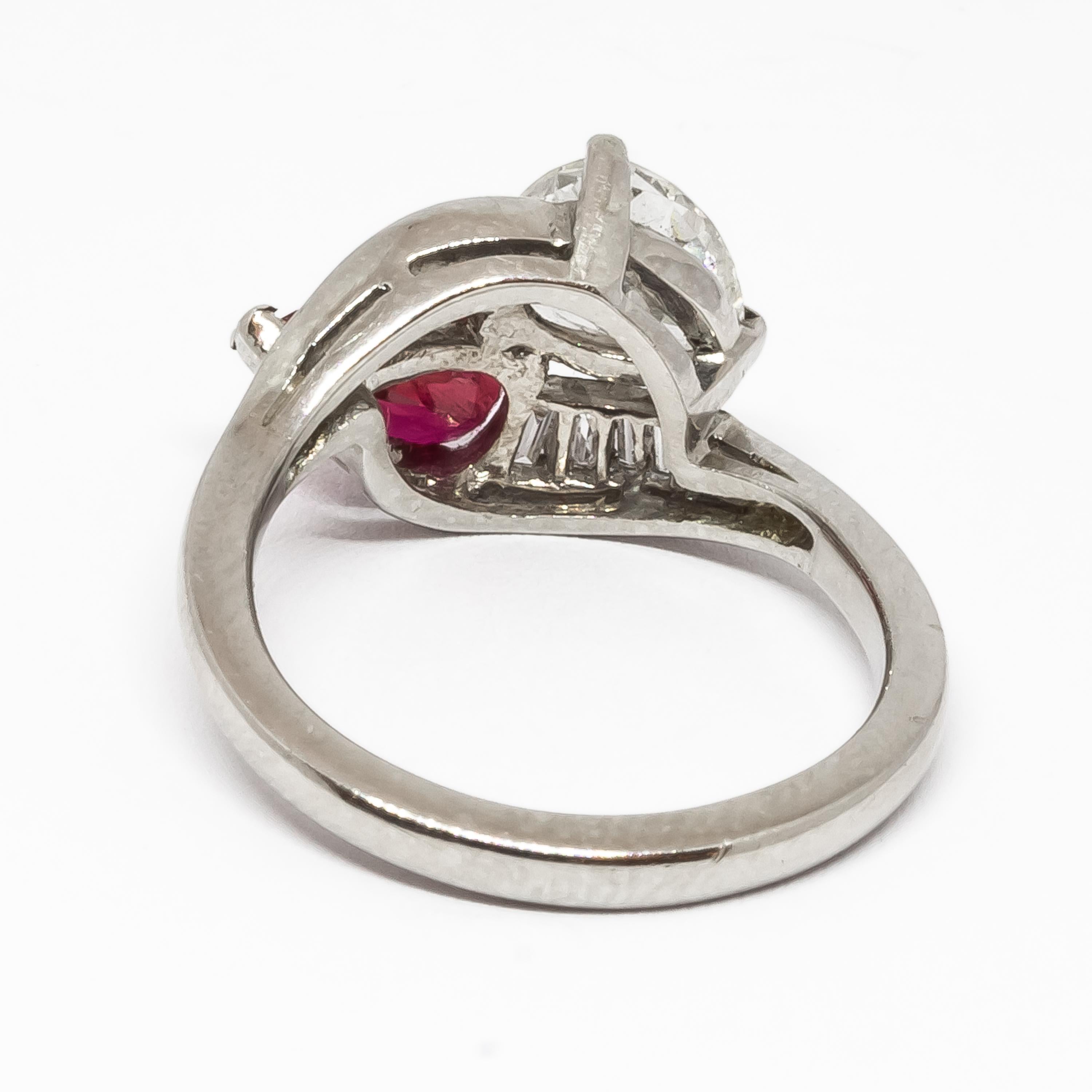 Women's Vintage Ruby, Diamond And Platinum Crossover Ring, Circa 1950 For Sale