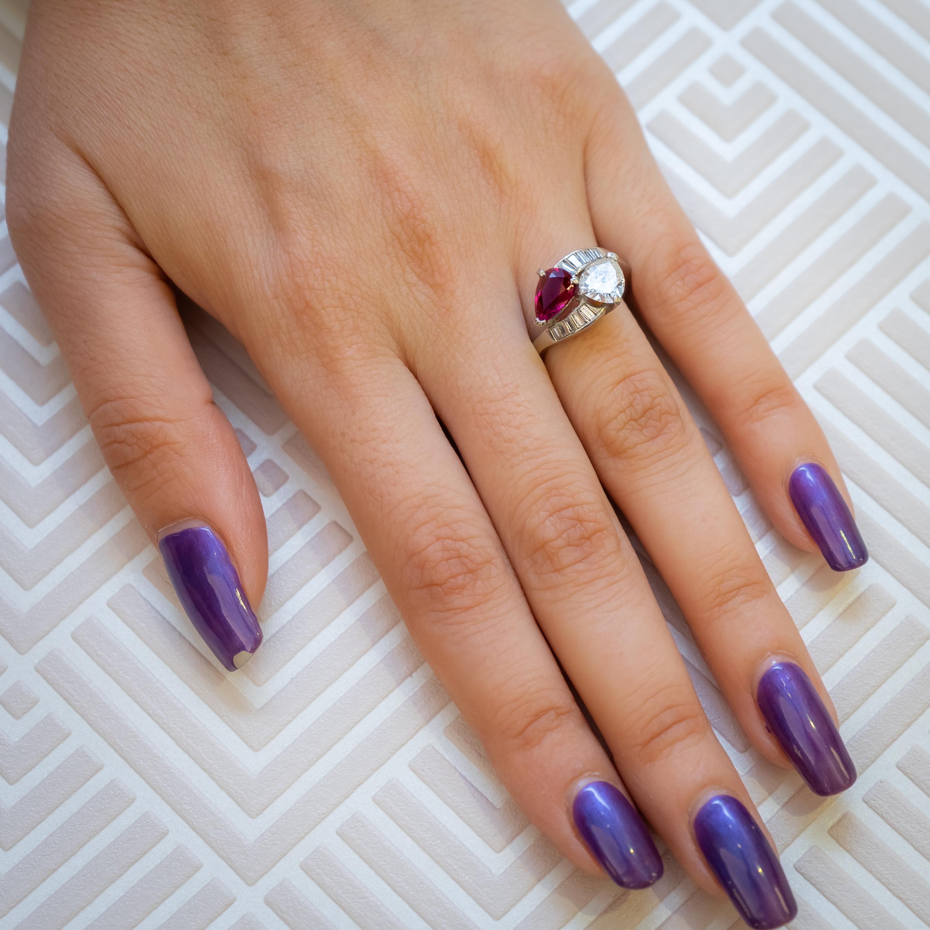 Vintage Ruby, Diamond and Platinum Crossover Ring, Circa 1950 For Sale 1