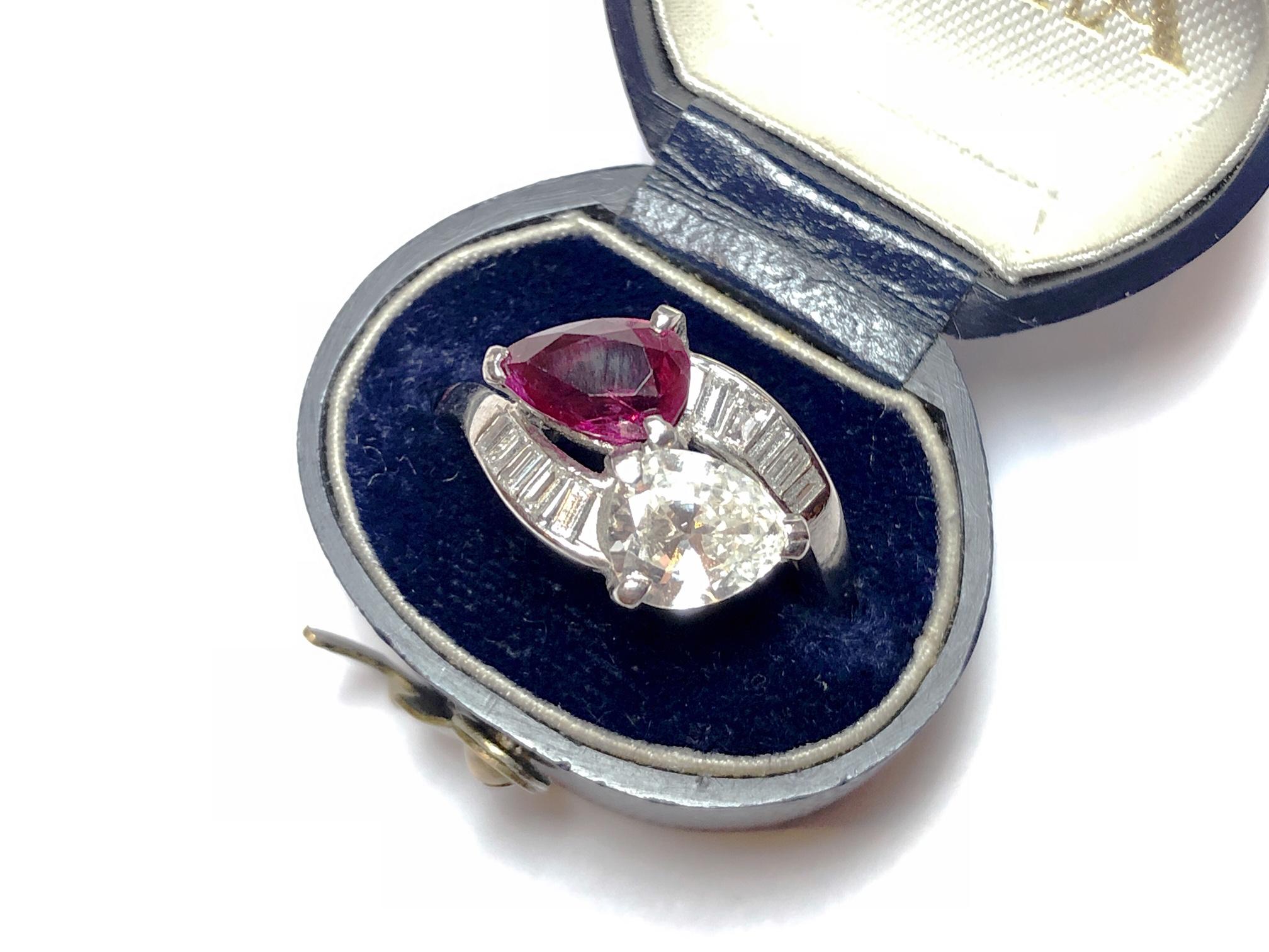 Vintage Ruby, Diamond And Platinum Crossover Ring, Circa 1950 For Sale 1