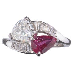 Vintage Ruby, Diamond and Platinum Crossover Ring, Circa 1950