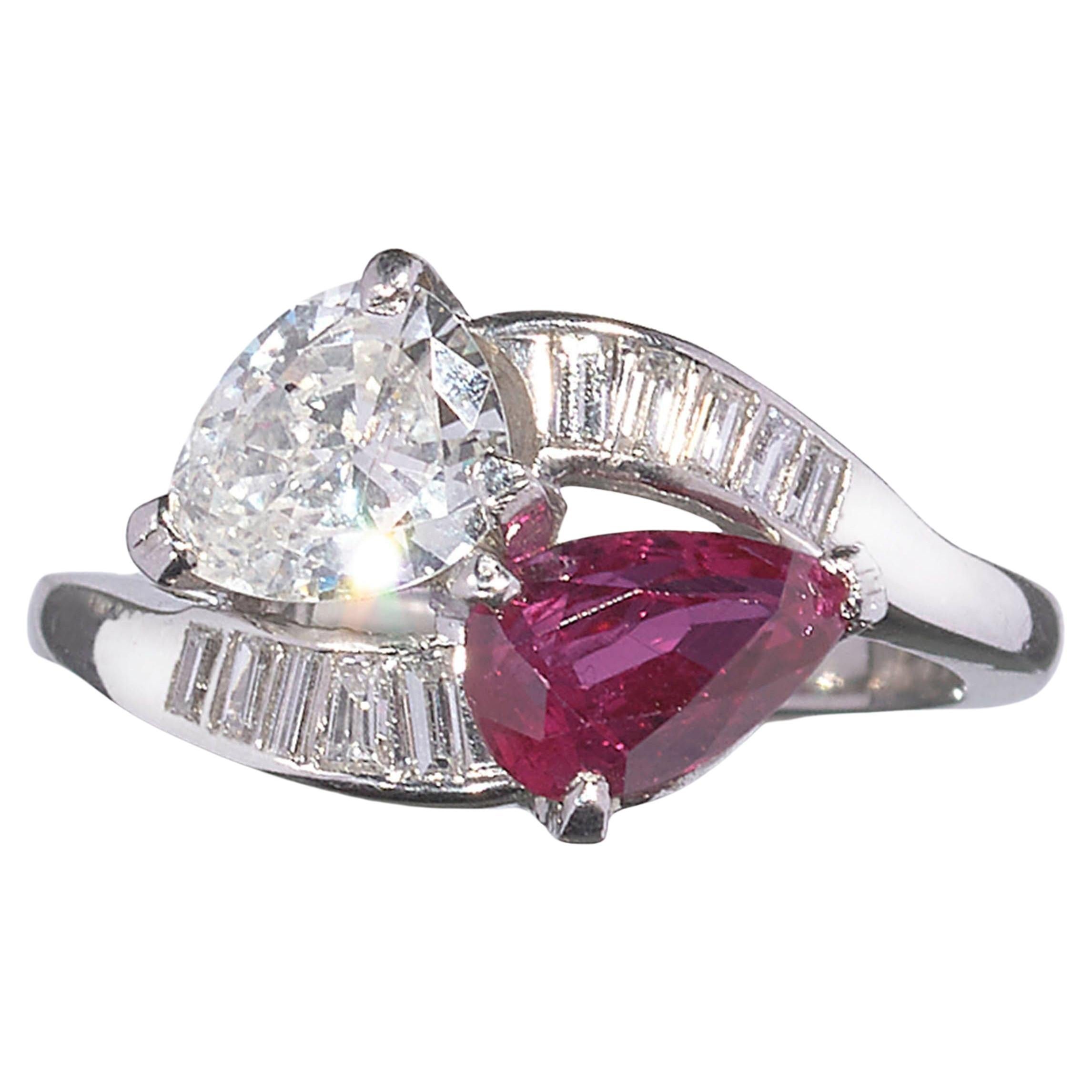 Vintage Ruby, Diamond And Platinum Crossover Ring, Circa 1950 For Sale