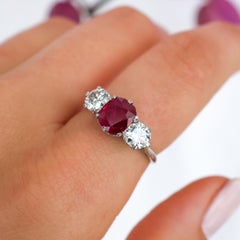 Vintage Ruby, Diamond and Platinum Three Stone Ring, Circa 1950