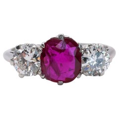 Vintage Ruby, Diamond and Platinum Three Stone Ring, Circa 1950