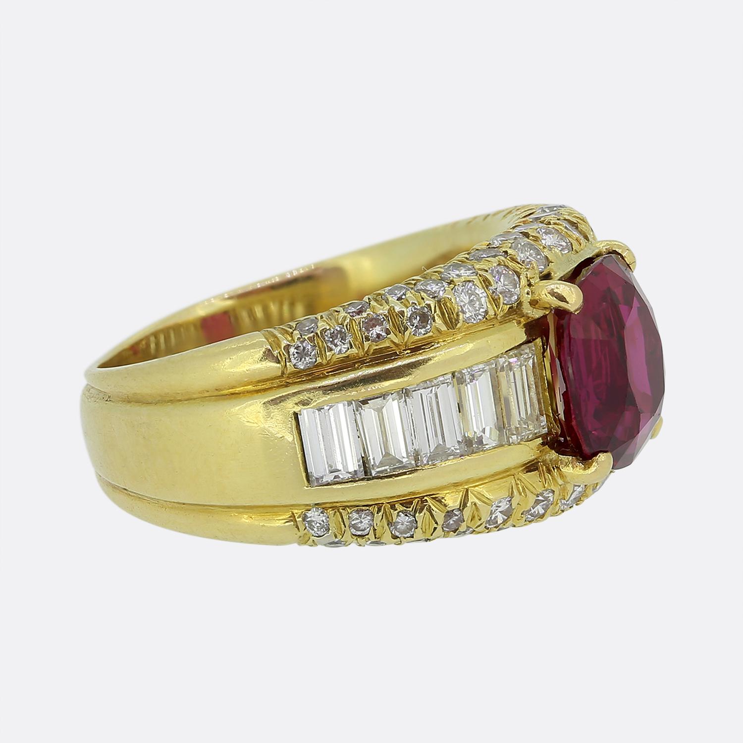 Cushion Cut Vintage Ruby Diamond Bombe Ring For Sale