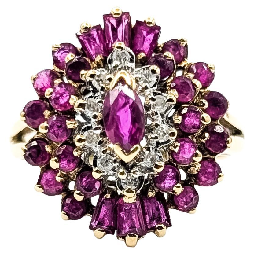 Vintage Ruby & Diamond Cluster Ring in 14k Yellow Gold