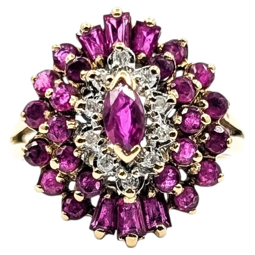 Vintage Ruby & Diamond Cluster Ring in 14k Yellow Gold