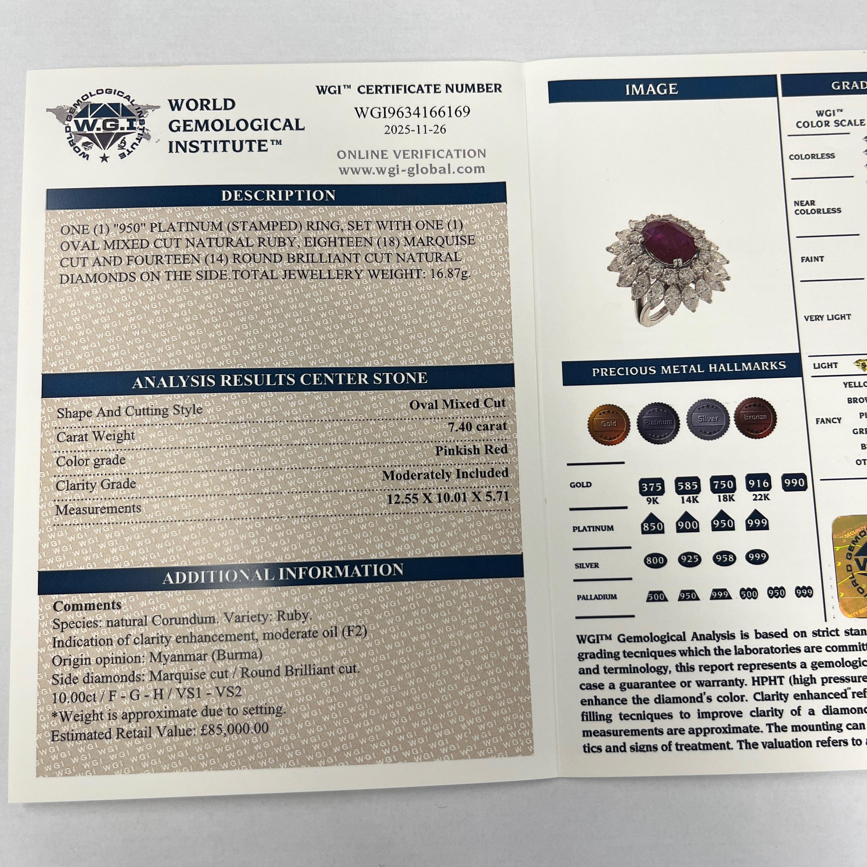 Vintage Rubin & Diamant Cluster Ring in Platin (Ovalschliff) im Angebot