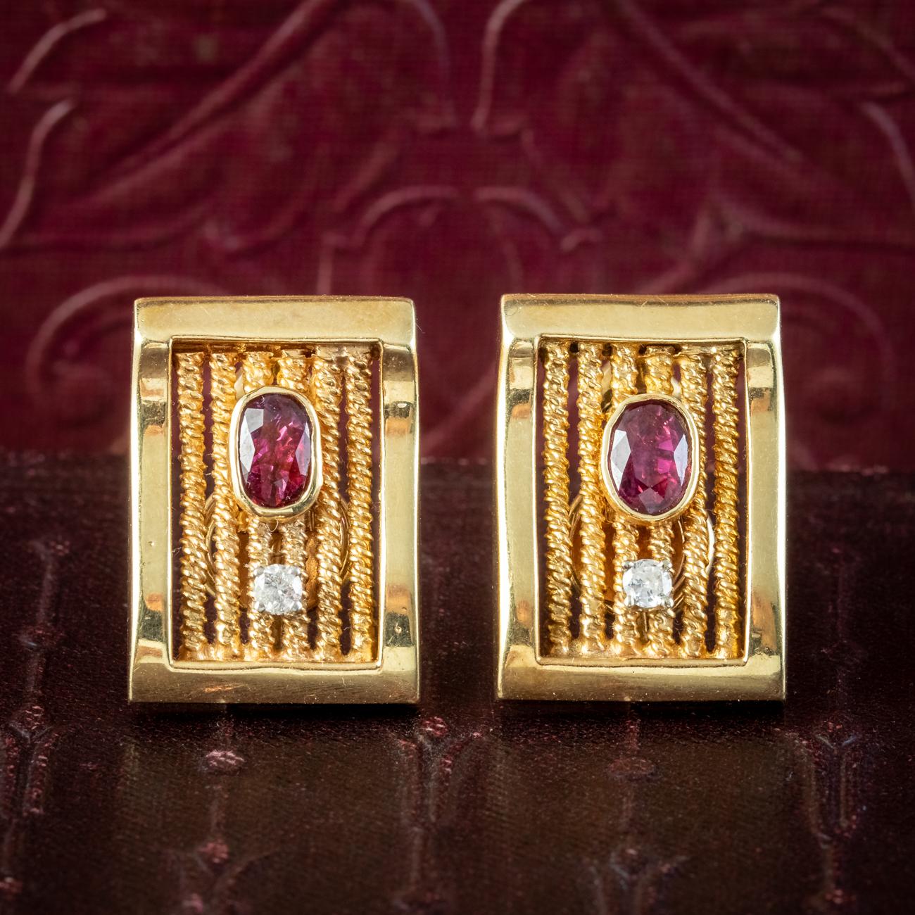 Vintage Ruby Diamond Earrings 14 Carat Gold 1.2 Carat Ruby For Sale 2