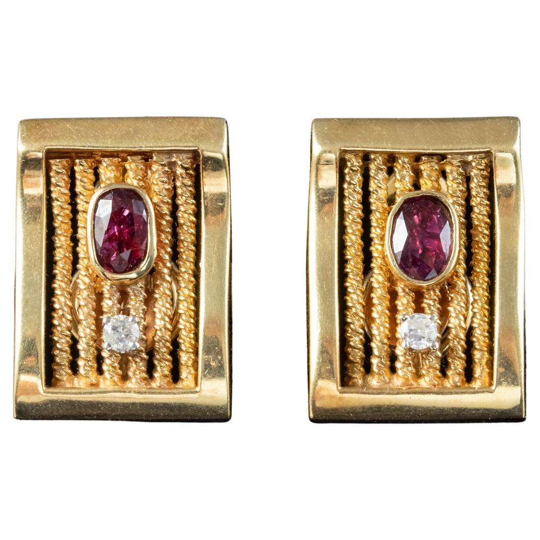 Vintage Ruby Diamond Earrings 14 Carat Gold 1.2 Carat Ruby For Sale