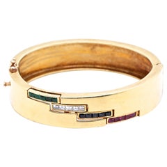 Vintage Ruby Diamond Emerald Sapphire 18 Karat Gold Bangle Bracelet