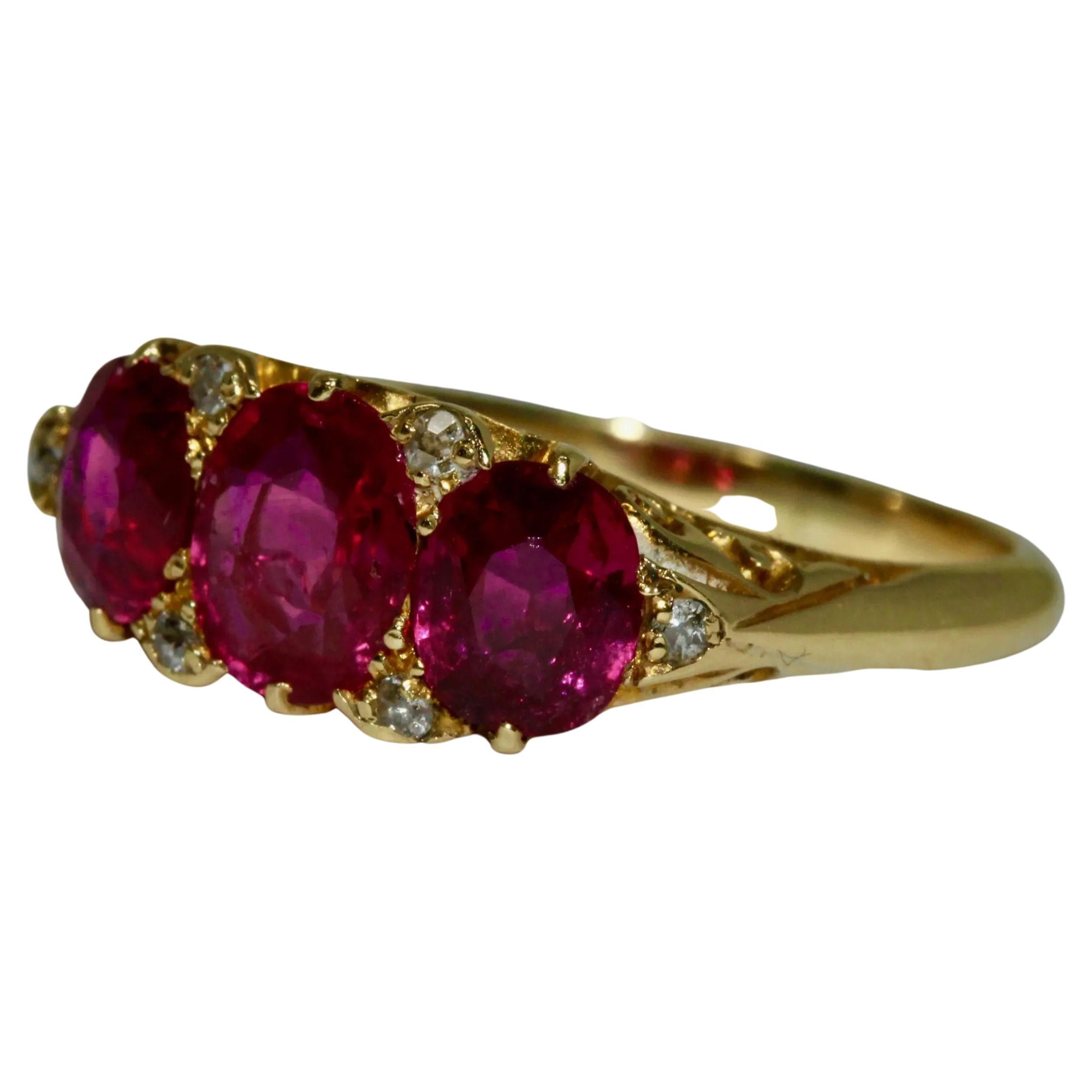 Vintage Ruby Diamond Engagement Ring Three-Stone Ruby Diamond Statement Ring 