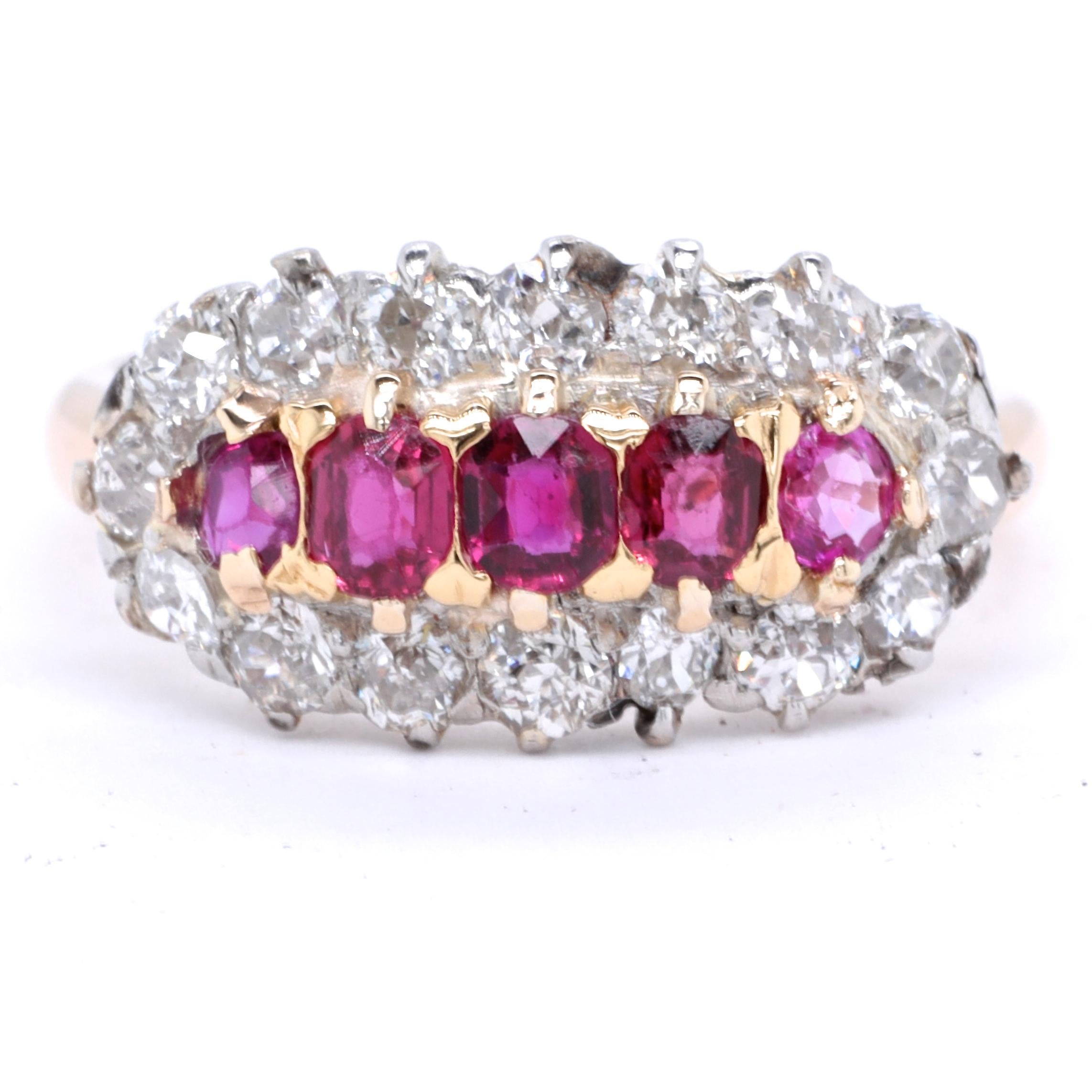The vibrant pinkish-red color of these rubies just steals your heart away. Having 5 rubies in a row gives this ring a very unique vintage look. Charming and full of history, this is a Vintage Ruby Diamond Five Stone 18 Karat Gold Cluster Ring. The 5