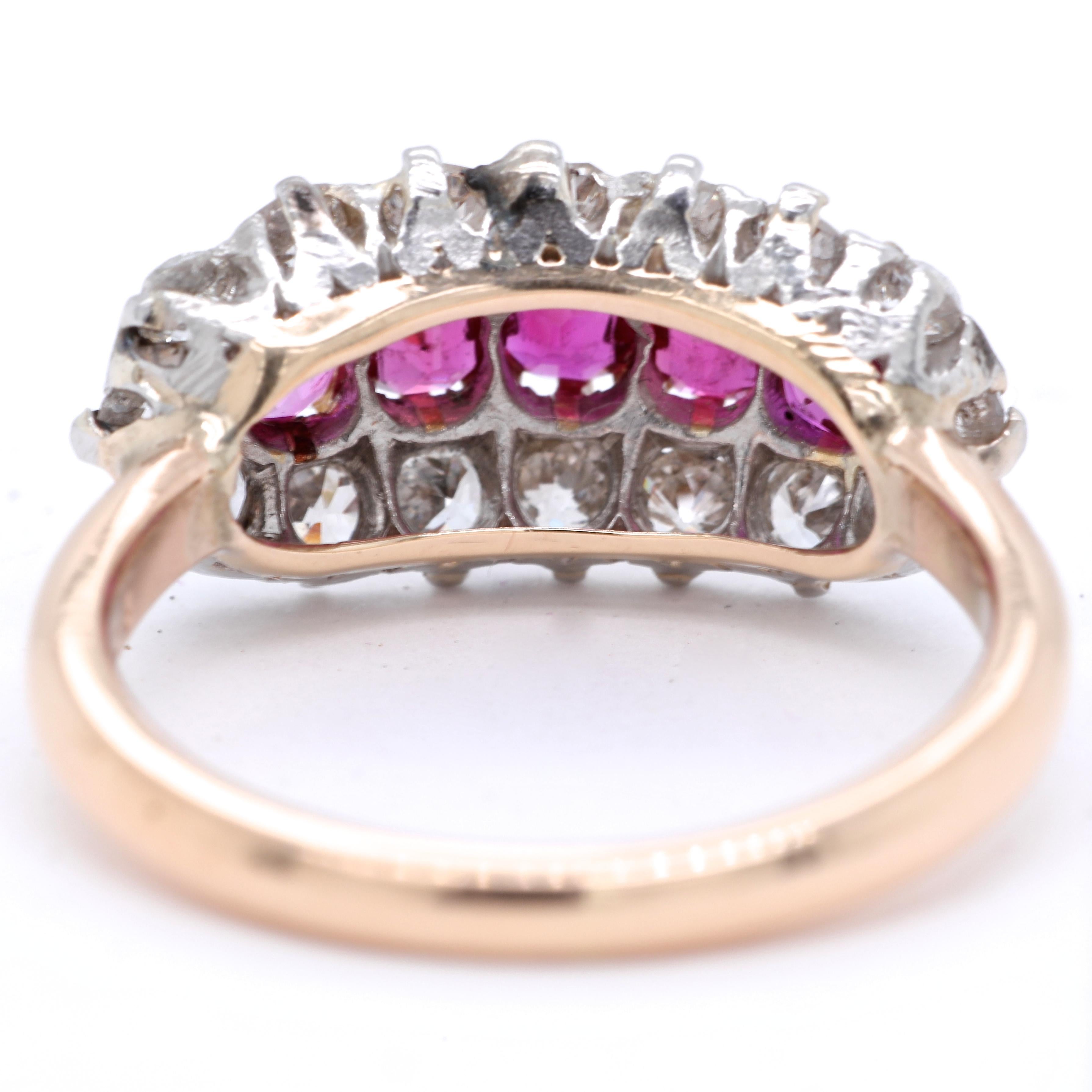 Oval Cut Vintage Ruby Diamond Five-Stone 18 Karat Gold Cluster Ring