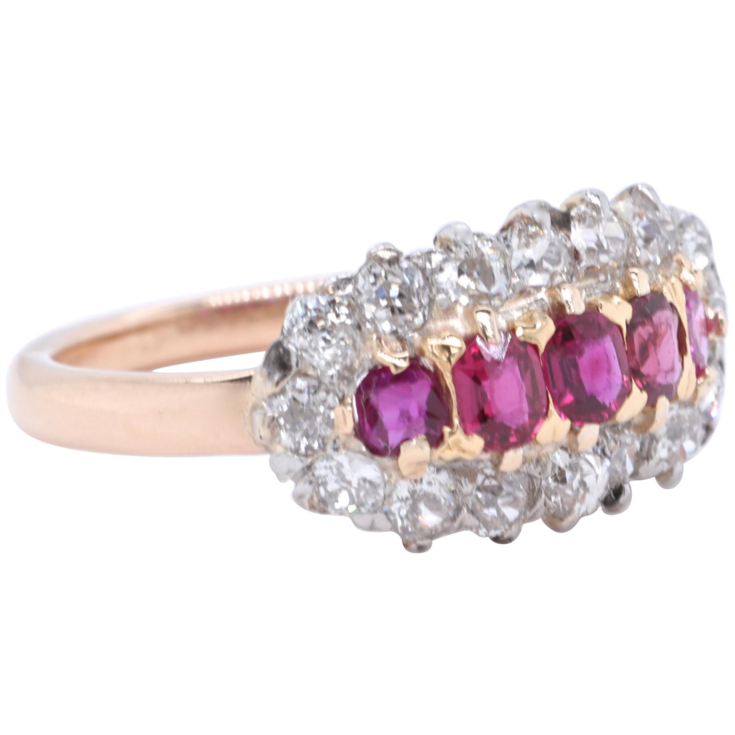 Vintage Ruby Diamond Five-Stone 18 Karat Gold Cluster Ring