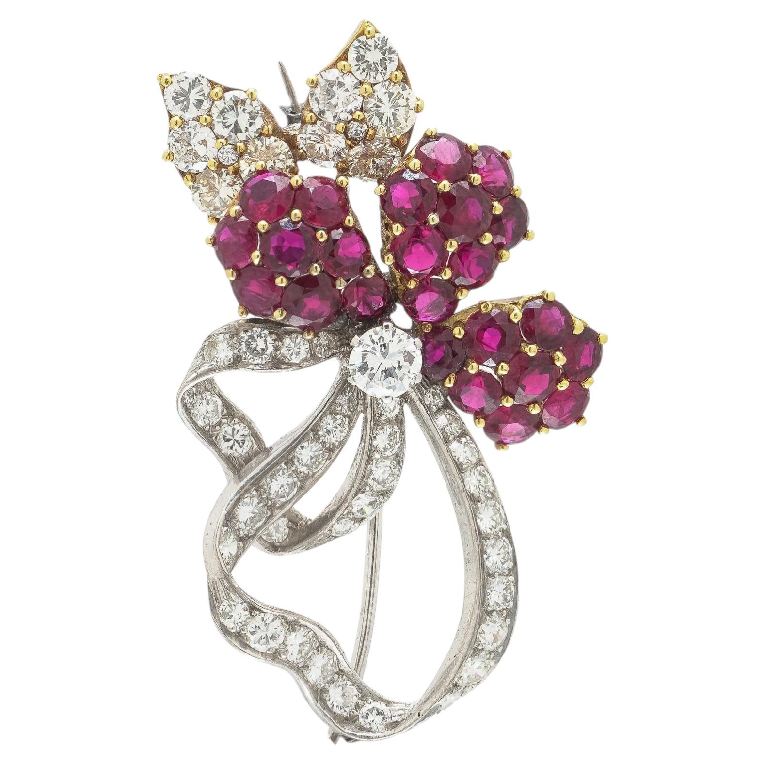 Vintage Ruby & Diamond Flower Brooch, 18KT Gold