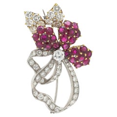Vintage Ruby & Diamond Flower Brooch, 18KT Gold