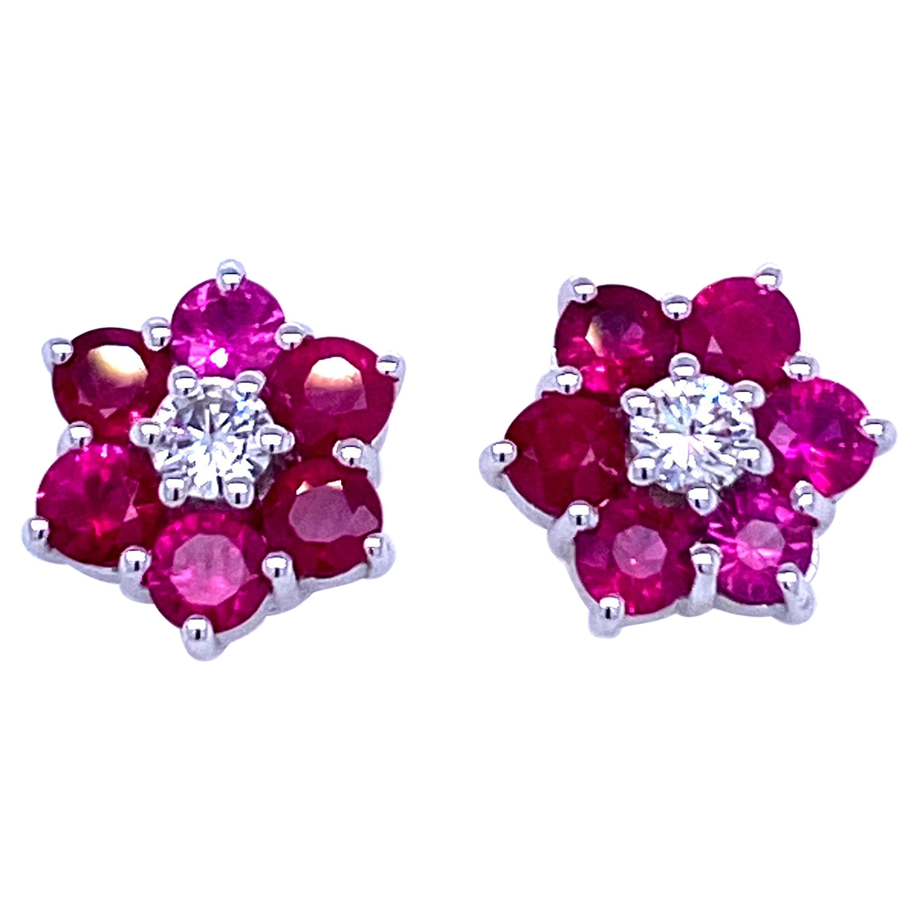 Vintage Ruby Diamond Gold Cluster Stud Earrings For Sale