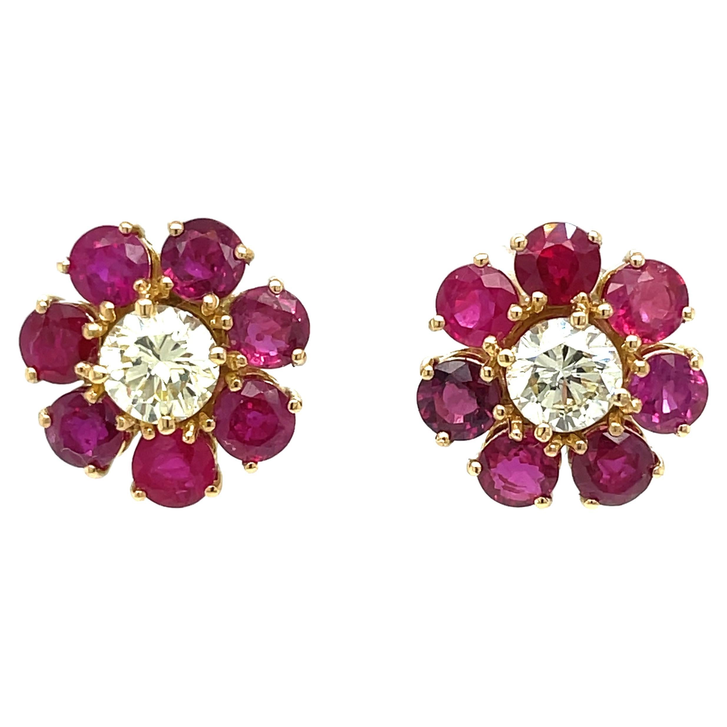 Vintage Ruby Diamond Gold Cluster Stud Earrings For Sale