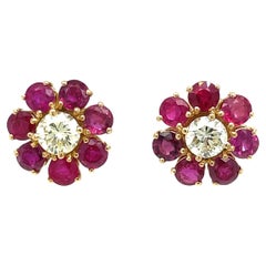 Vintage Ruby Diamond Gold Cluster Stud Earrings