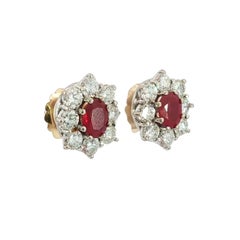 Vintage Ruby Diamond Halo Stud Earrings Platinum 14K Backs Burma Heated ~4.4ctw
