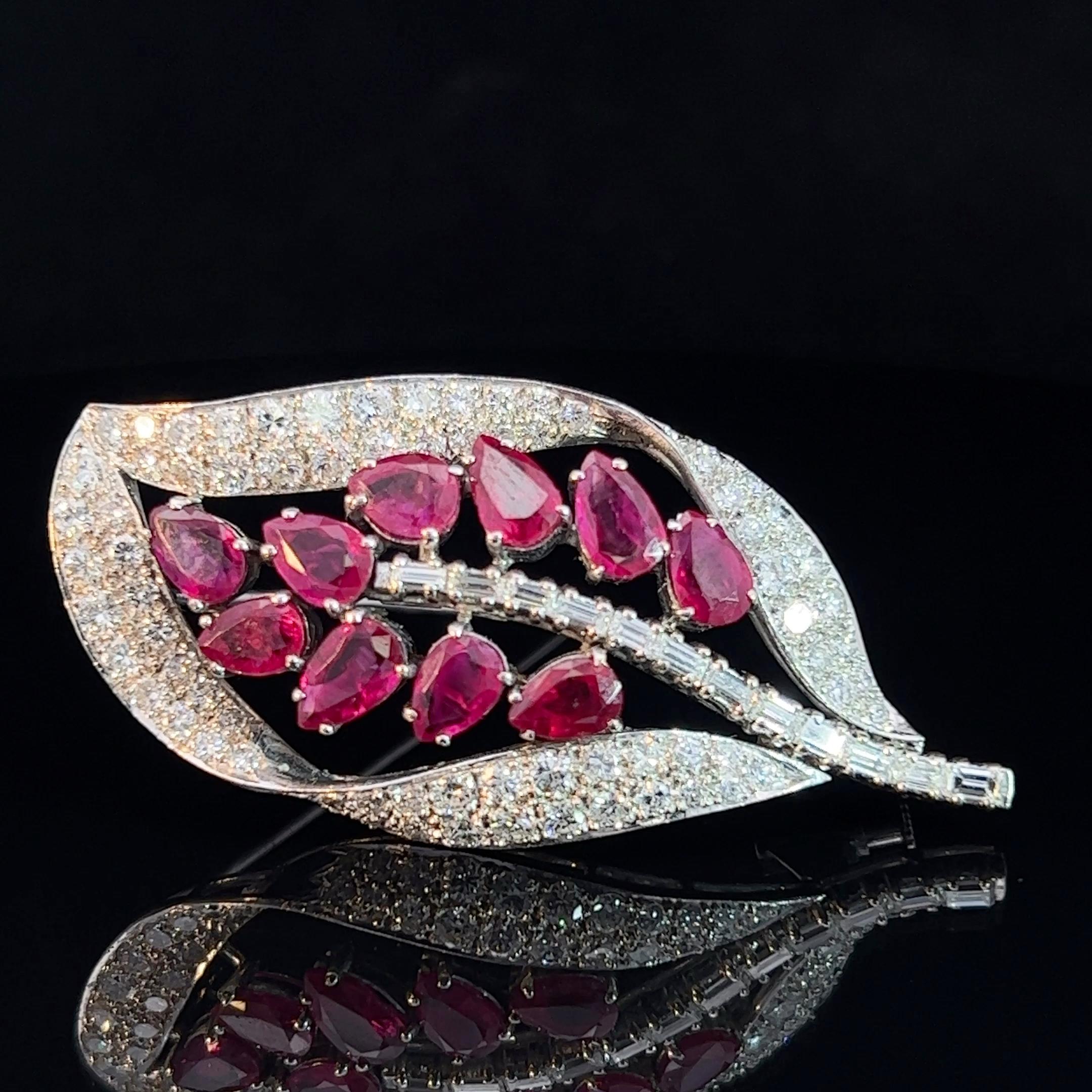 Vintage Ruby & Diamond Leaf Brooch C. 1980-90 For Sale 3