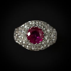 Vintage Ruby Diamond Pave Bombe Cocktail Ring Platinum Portuguese 20th Century