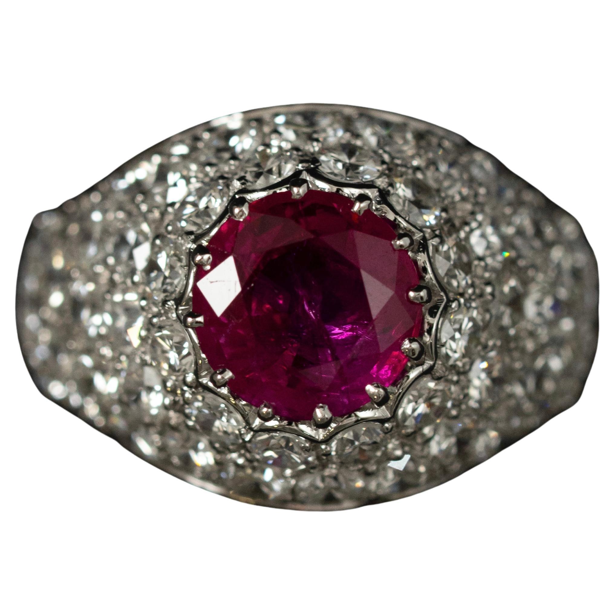 Vintage Ruby Diamond Pave Bombe Cocktail Ring Platinum Portuguese 20th Century For Sale