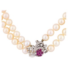 Vintage ruby diamond pearl 14k white gold necklace