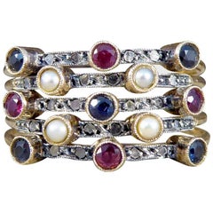 Vintage Ruby, Diamond, Pearl and Sapphire Harem 14 Carat Gold Ring