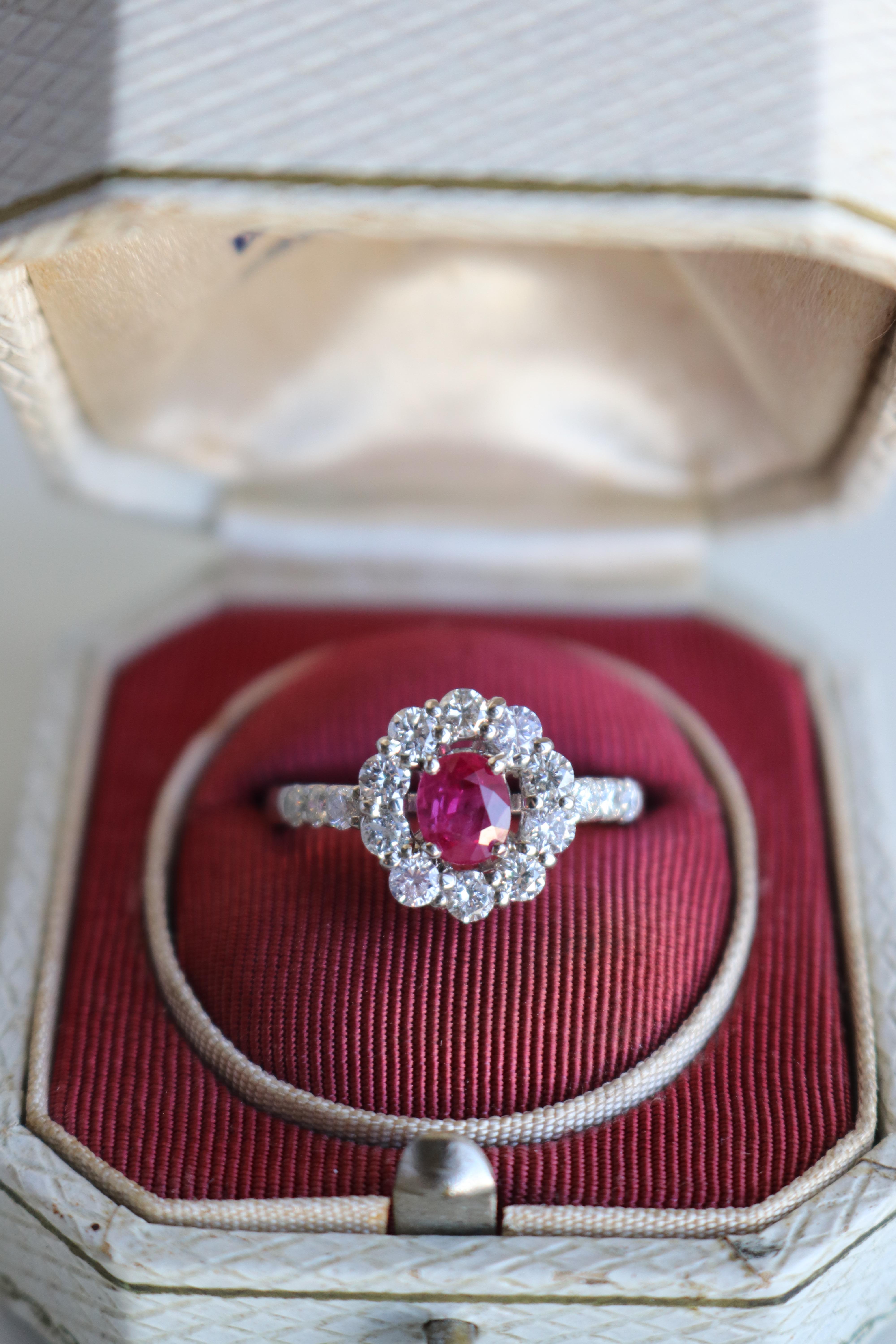 Women's or Men's Vintage Ruby Diamond Platinum Ring For Sale
