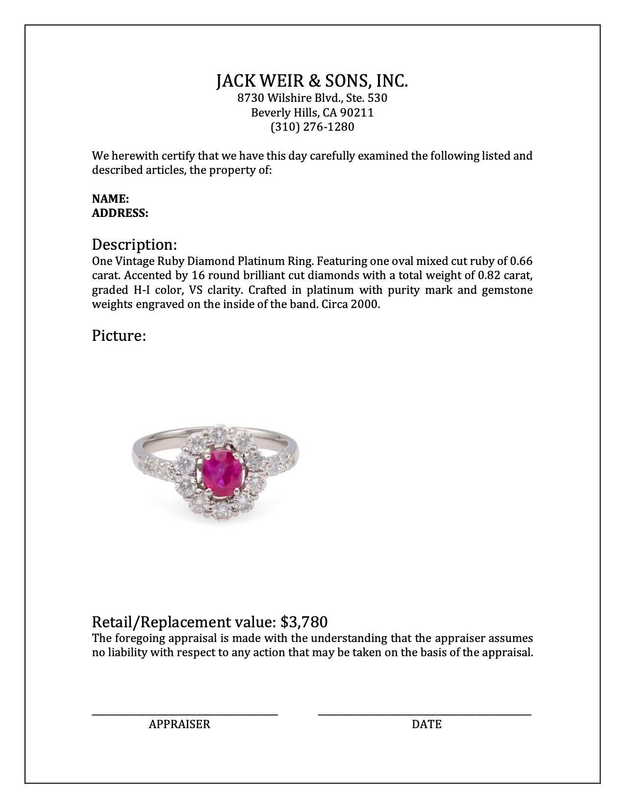 Vintage Ruby Diamond Platinum Ring For Sale 1