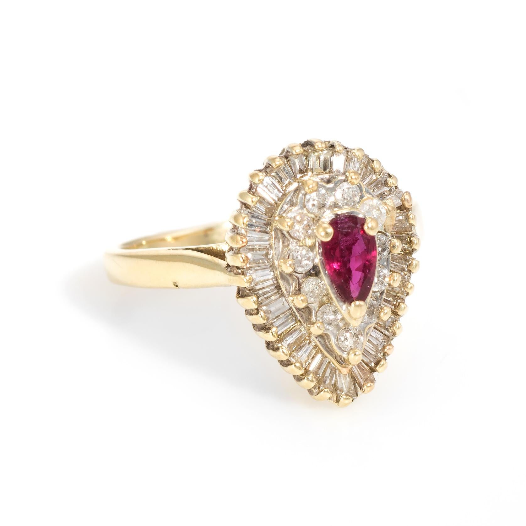 Pear Cut Vintage Ruby Diamond Ring 14 Karat Gold Pear Shaped Cocktail Estate Cluster