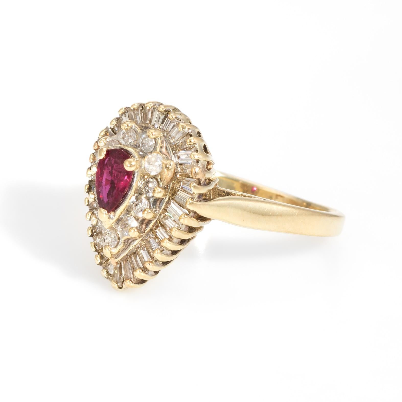 Vintage Ruby Diamond Ring 14 Karat Gold Pear Shaped Cocktail Estate Cluster In Excellent Condition In Torrance, CA