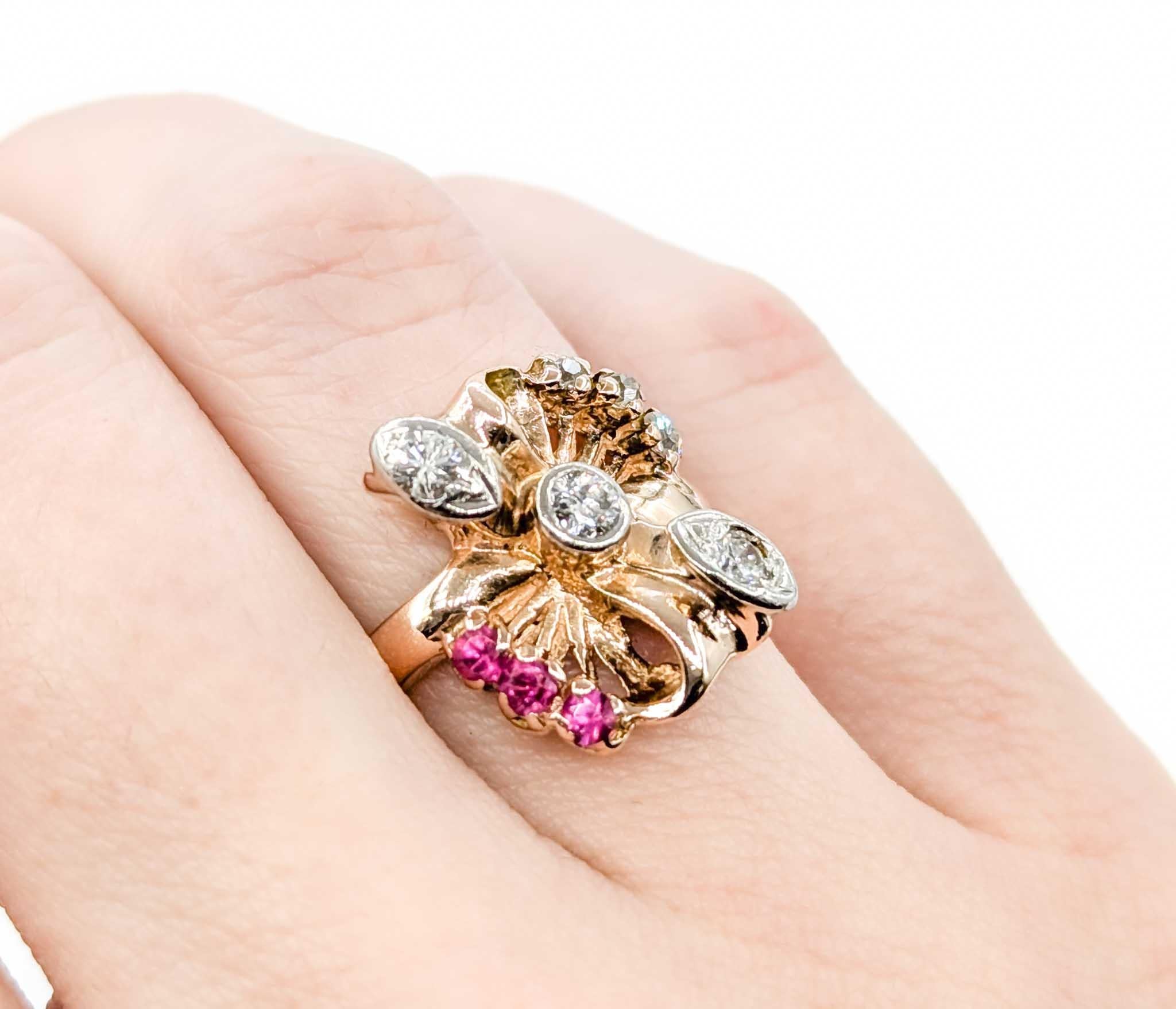 Art Deco Vintage Ruby & Diamond Ring in 14k Rose Gold For Sale