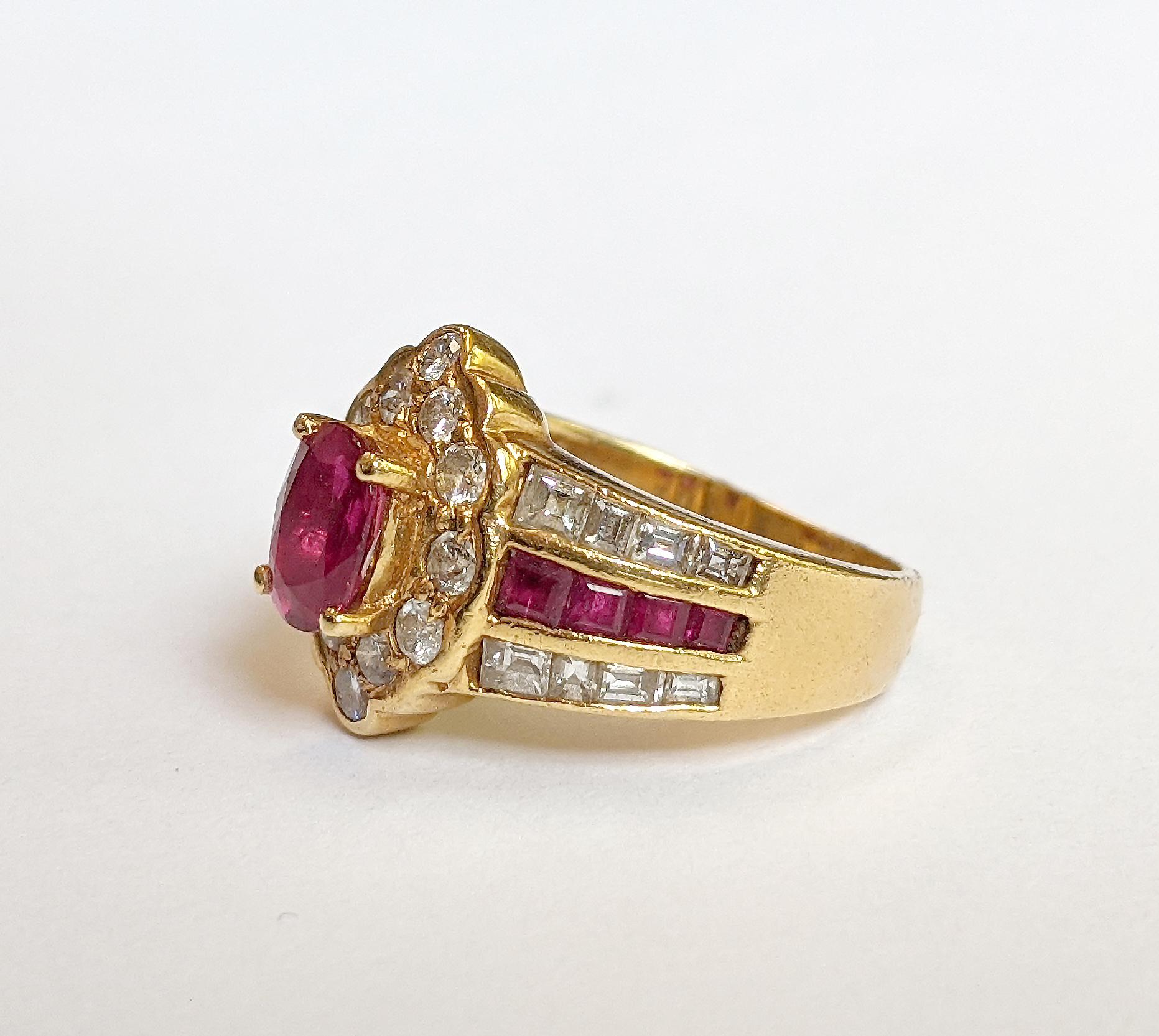 An oval ruby of approximately 0.70 carat is the focal point of this retro ring. An oblong halo of round diamonds surround the center ruby, creating a elegant marquise shape. The shank is adorned by three rows channel-set of stones: square-cut