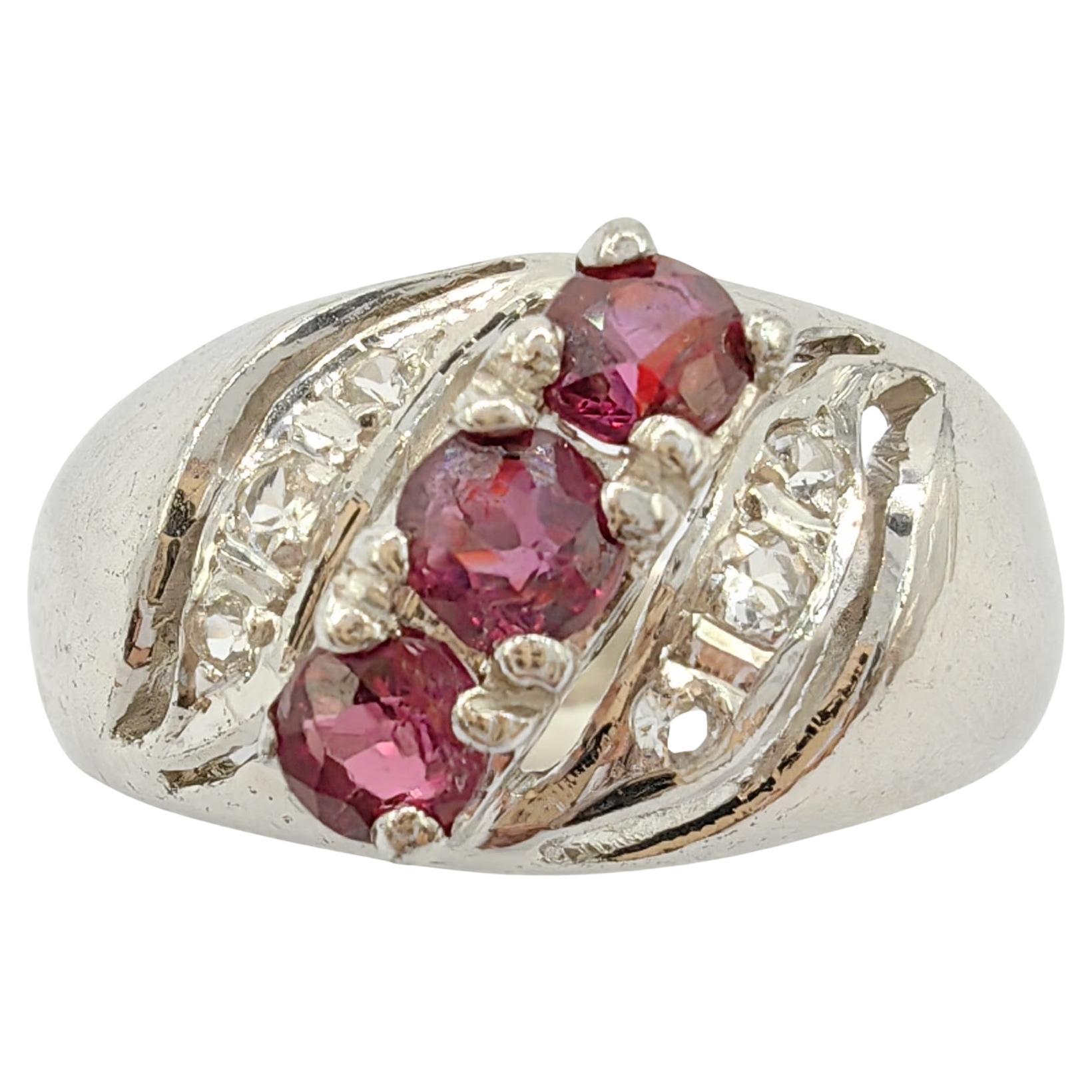 Vintage Ruby Diamond Ring in 925 Sterling Silver