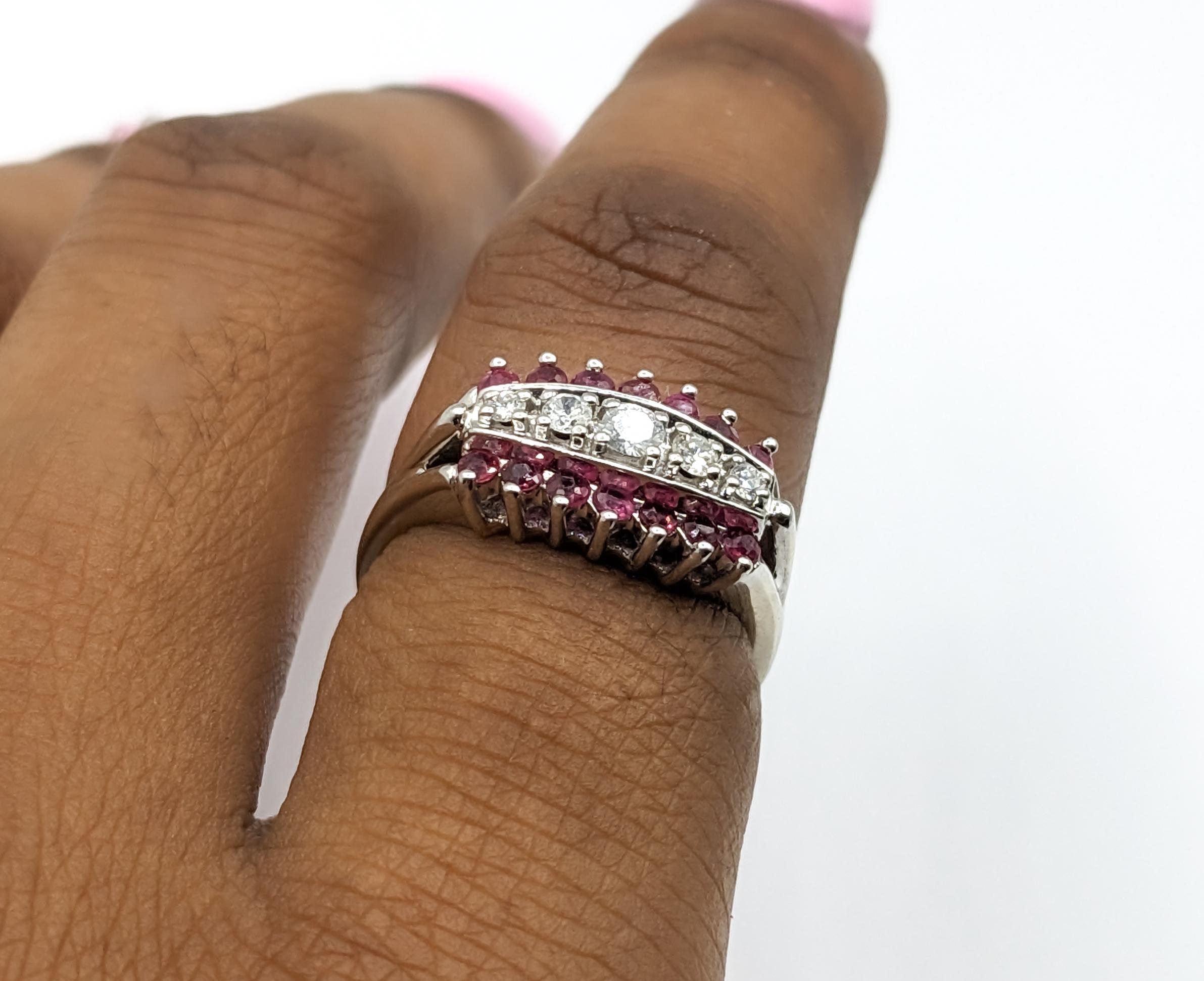 Round Cut Vintage Ruby & Diamond Ring In White Gold For Sale