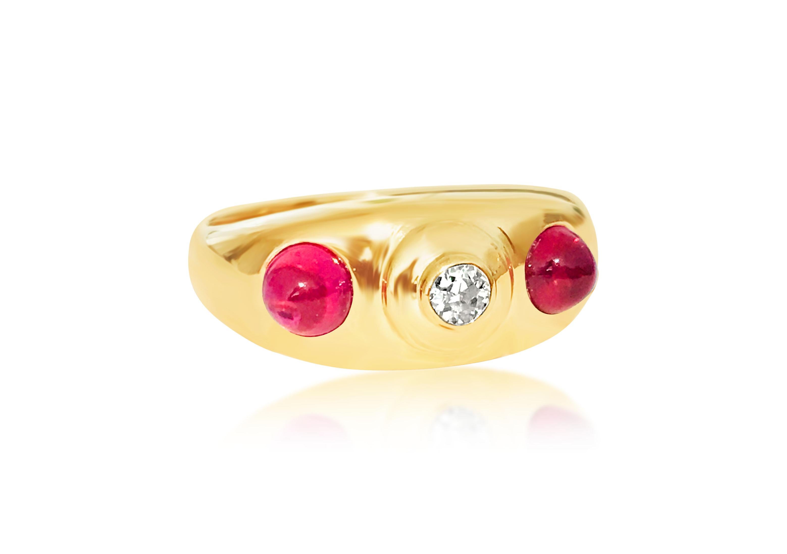 Metal: 14K yellow gold. 
0.50 carat Burma ruby. 100% natural earth mined. Cabochon cut ruby set in bezel setting. Center diamond: 0.27 carat, VS-SI clarity and G color. Round brilliant cut diamond set in bezel as well. 100% natural earth mined and