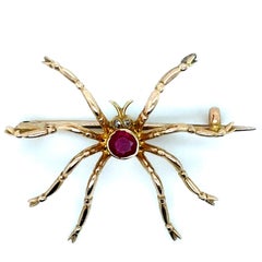 Vintage Ruby Diamond Spider Brooch Pin 15 Karat Yellow Gold