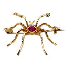 Vintage Ruby Diamond Spider Brooch Pin 15 Karat Yellow Gold