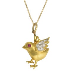 Vintage Ruby Diamond Spring Chicken Charm Pendant