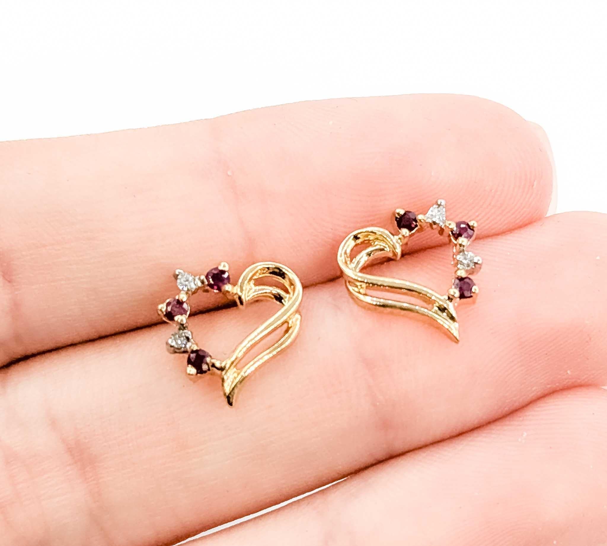 Contemporary Vintage Ruby & Diamond Vintage Heart Earrings in 10k Yellow Gold For Sale