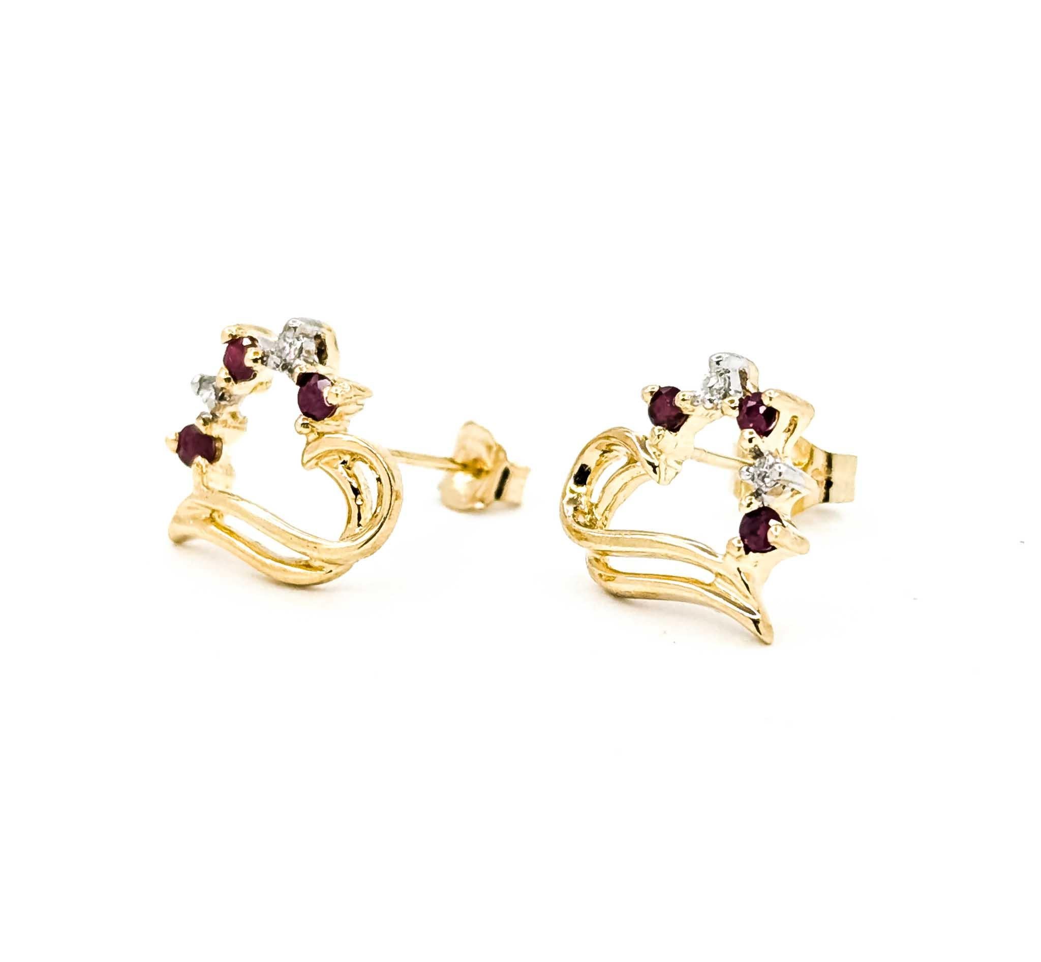 Round Cut Vintage Ruby & Diamond Vintage Heart Earrings in 10k Yellow Gold For Sale