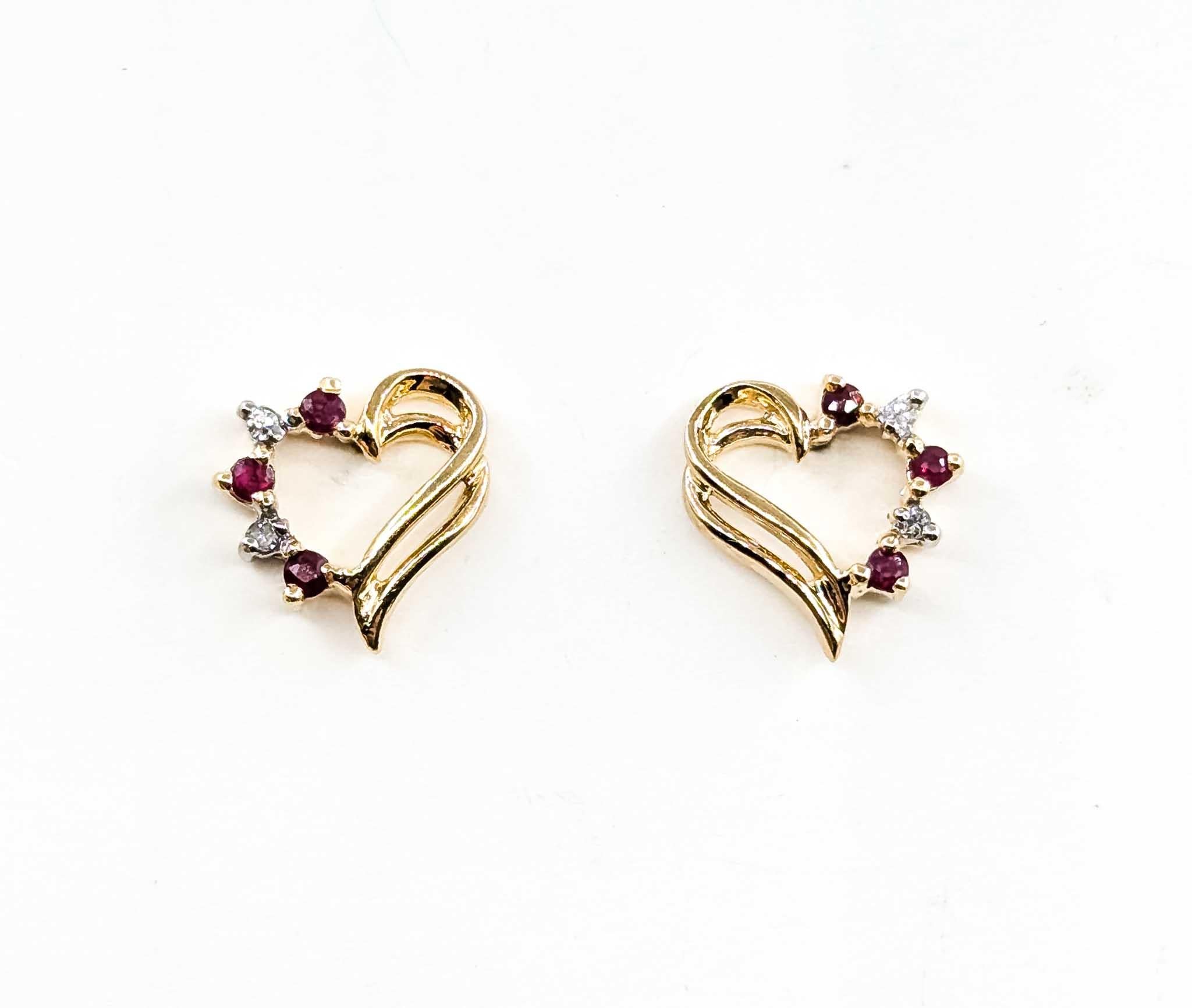 Vintage Ruby & Diamond Vintage Heart Earrings in 10k Yellow Gold For Sale 1
