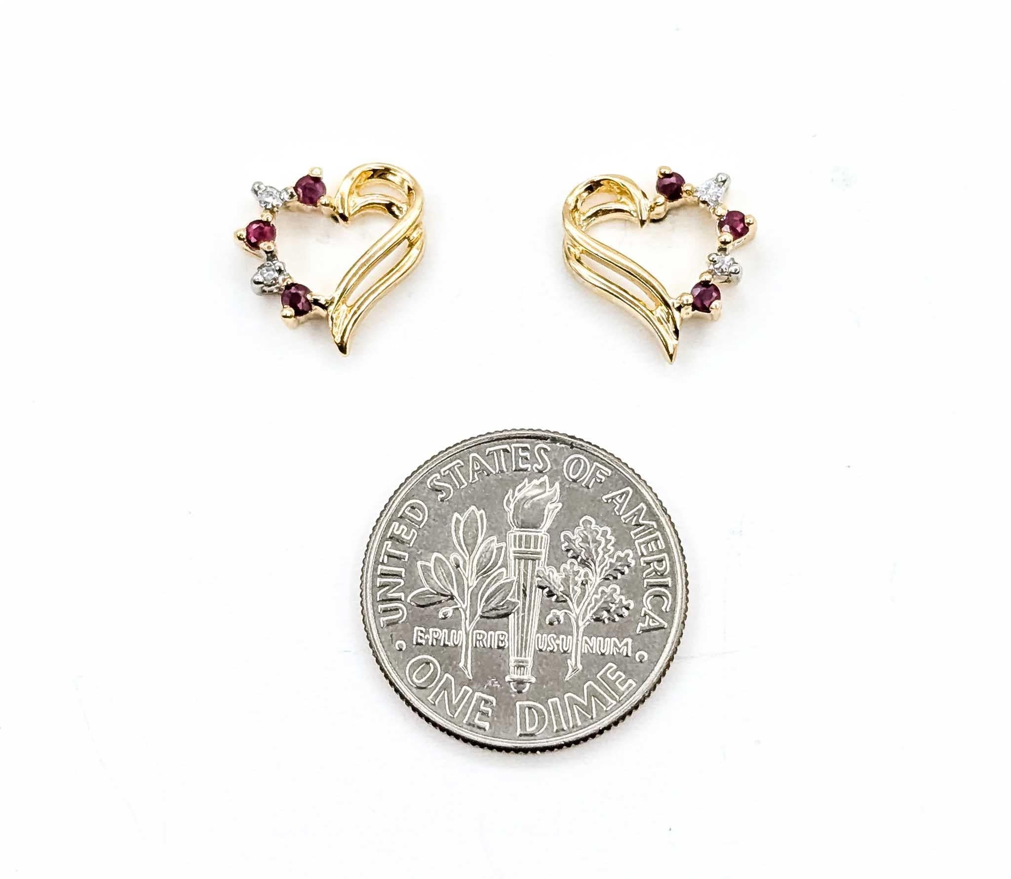 Vintage Ruby & Diamond Vintage Heart Earrings in 10k Yellow Gold For Sale 2