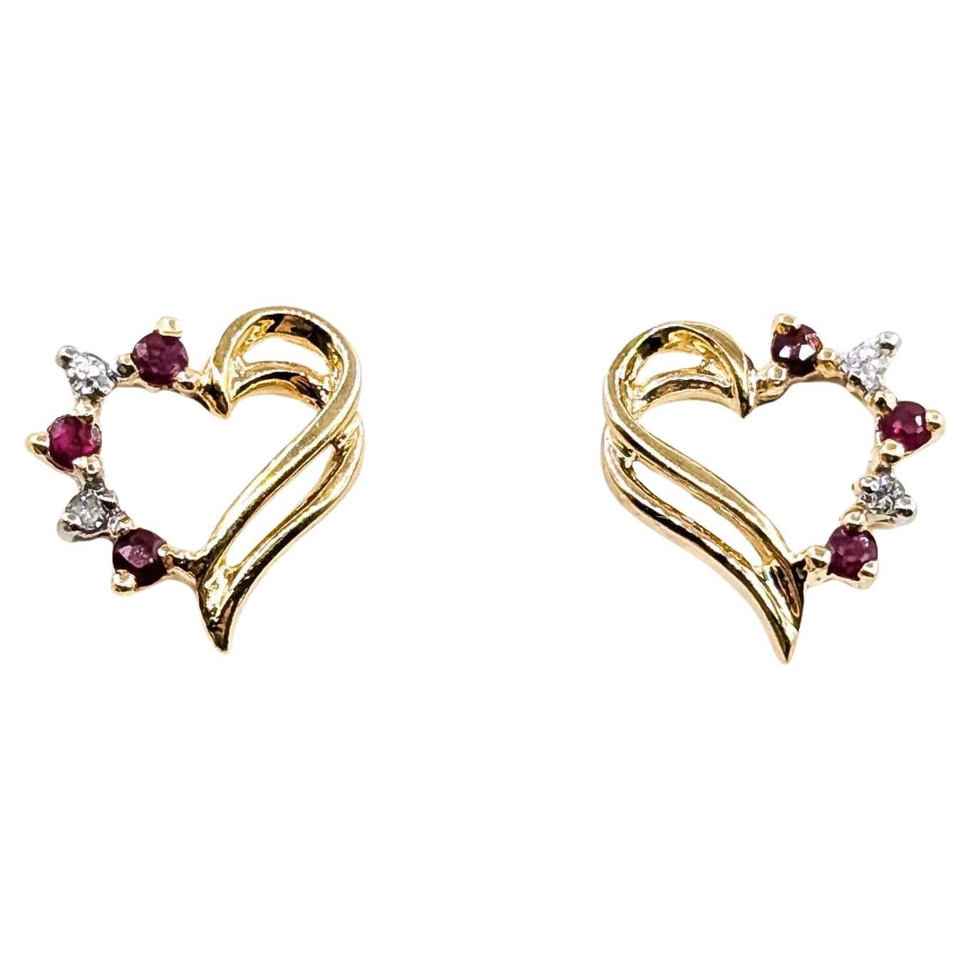 Orecchini a cuore con rubini e diamanti vintage in oro giallo 10k