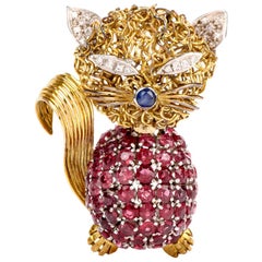 Retro Ruby Diamond Yellow Gold Cat Animal Pin Brooch